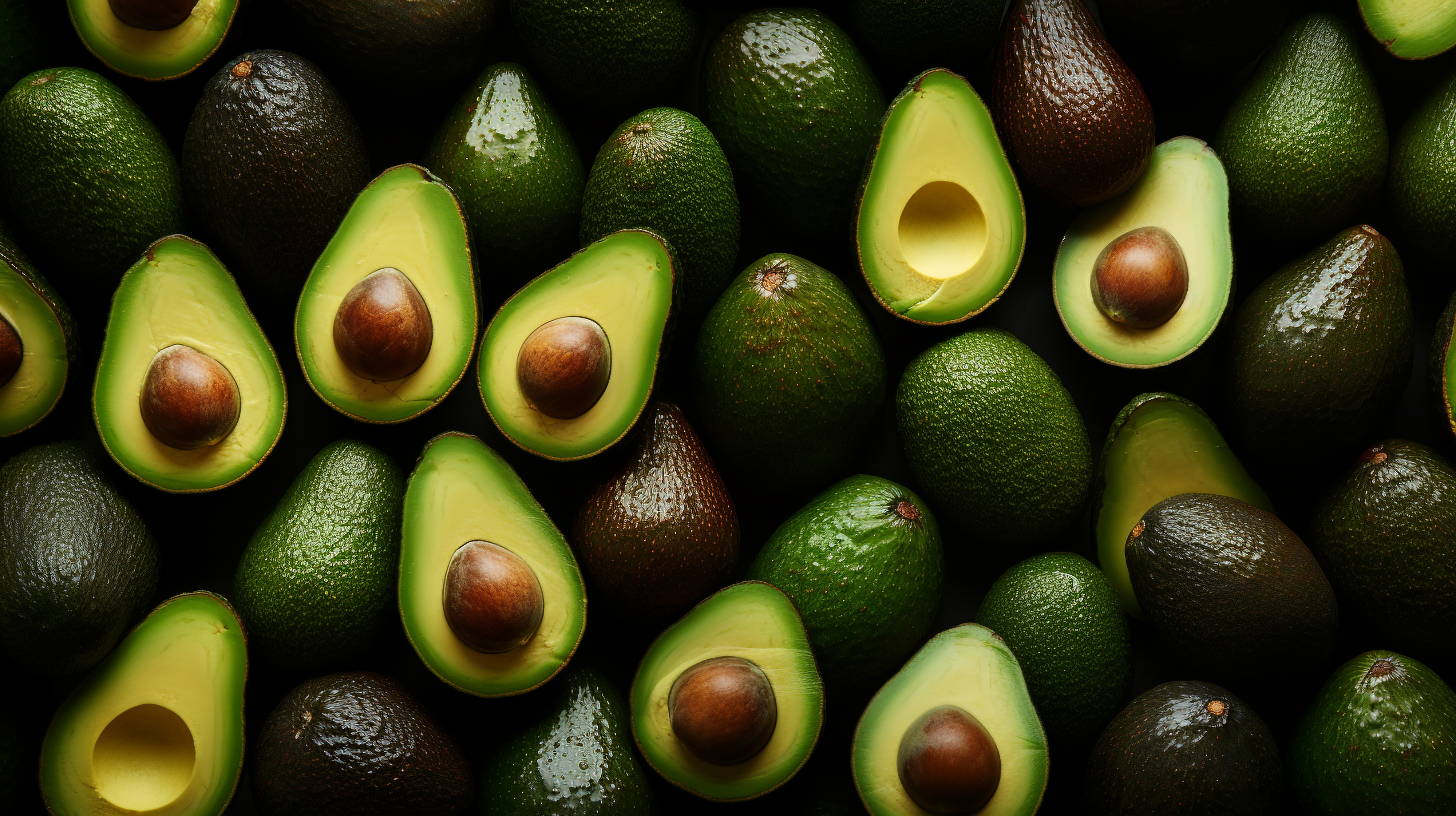 Whole and halved avocados